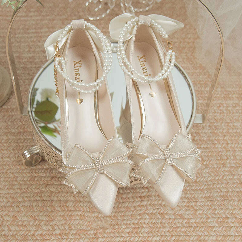 KIMLUD, Bridal Shoes 2024 New Flower High Heel Pumps Women Elegant Pearl Strap Wedding Party Shoes Woman Silk Pointed Toe Zapatos Mujer, KIMLUD Womens Clothes