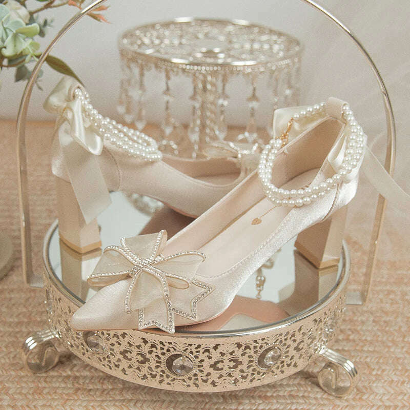 KIMLUD, Bridal Shoes 2024 New Flower High Heel Pumps Women Elegant Pearl Strap Wedding Party Shoes Woman Silk Pointed Toe Zapatos Mujer, KIMLUD Womens Clothes