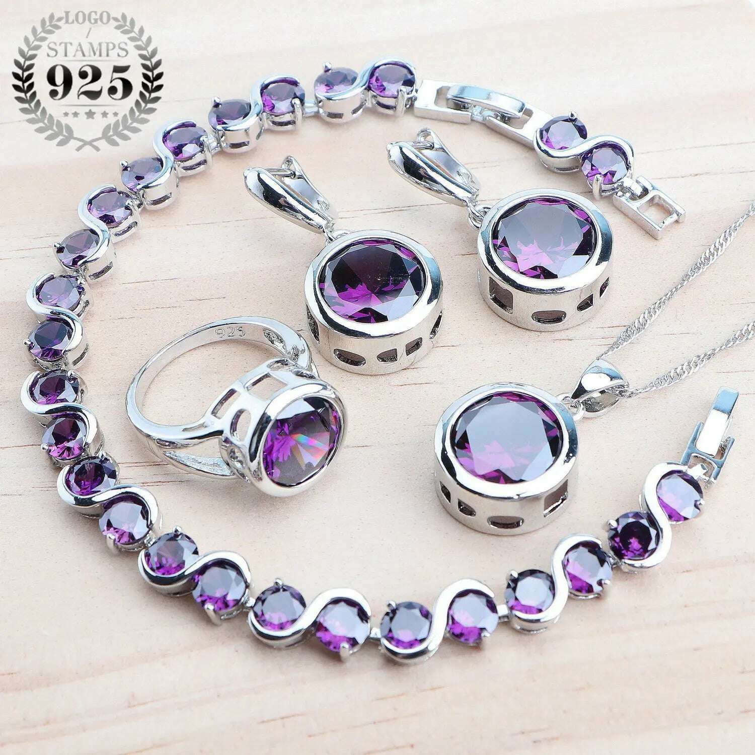 Bridal Silver 925 Jewelry Sets For Women Wedding Jewelry Ladies Purple Zircon Rings Bracelets Set Earrings Pendant Necklace - KIMLUD