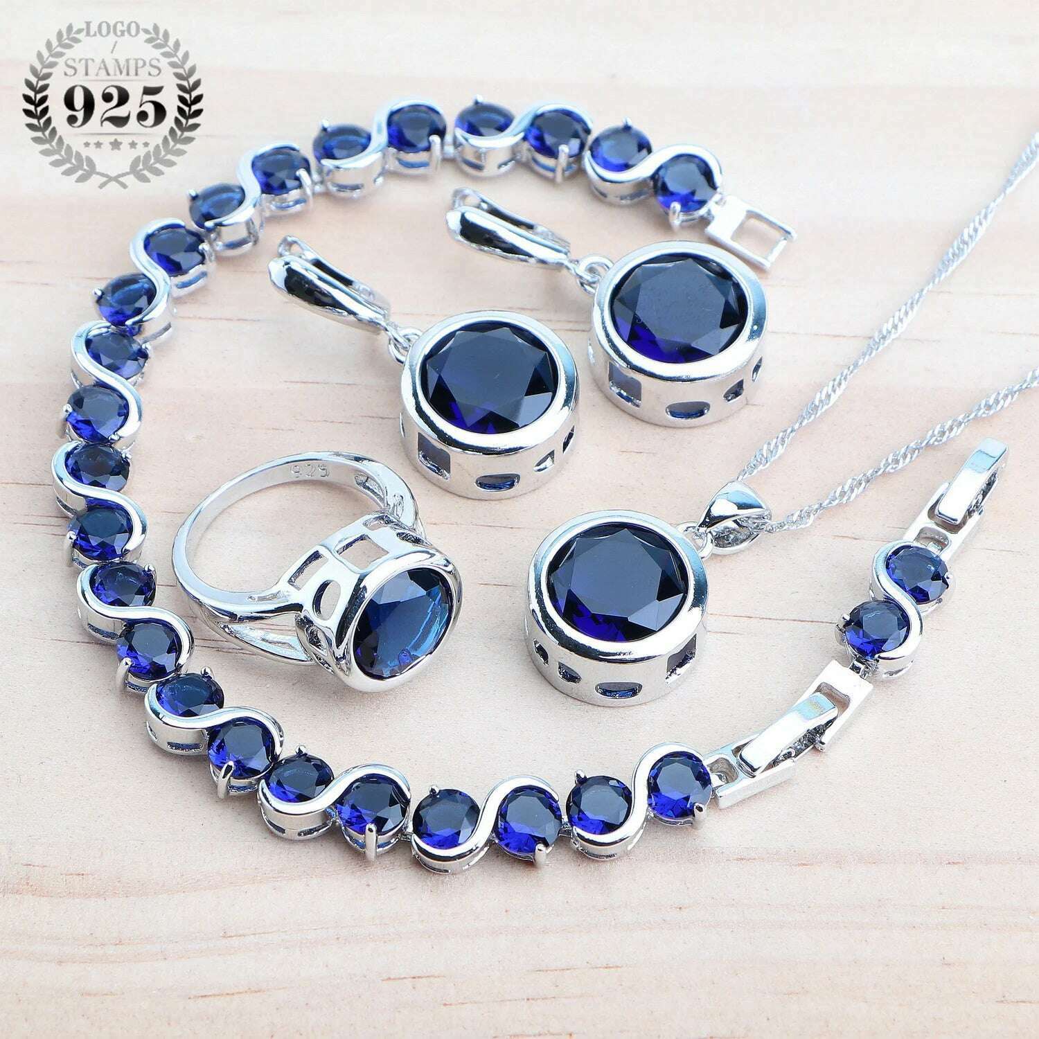 KIMLUD, Bridal Silver 925 Jewelry Sets For Women Wedding Jewelry Ladies Purple Zircon Rings Bracelets Set Earrings Pendant Necklace, 4PCS-Blue / 6, KIMLUD Womens Clothes