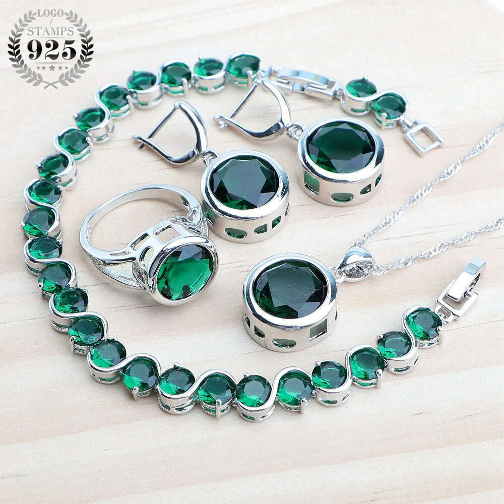 KIMLUD, Bridal Silver 925 Jewelry Sets For Women Wedding Jewelry Ladies Purple Zircon Rings Bracelets Set Earrings Pendant Necklace, 4PCS-Green / 6, KIMLUD Womens Clothes