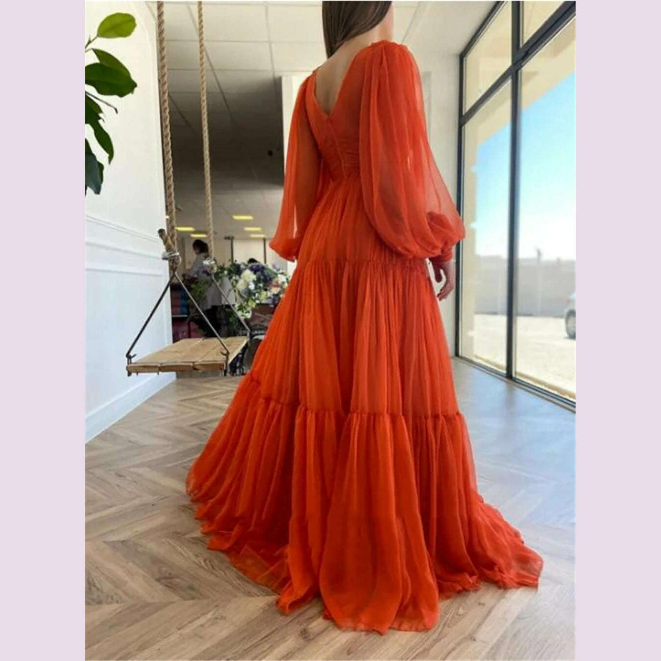 Bridalaffair Pleat Tulle Princess Prom Gown V-Neck Long Puff Sleeve Plus Size Evening Gown Elegant Dress Women for Wedding Party - KIMLUD