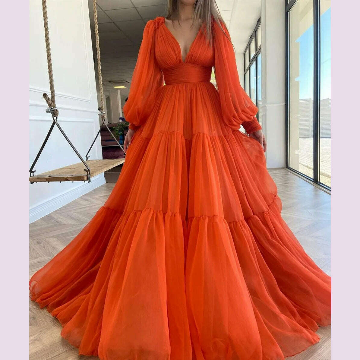 Bridalaffair Pleat Tulle Princess Prom Gown V-Neck Long Puff Sleeve Plus Size Evening Gown Elegant Dress Women for Wedding Party - KIMLUD