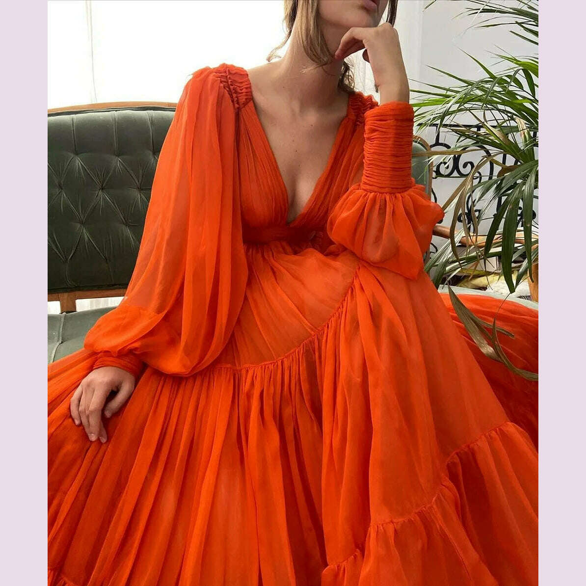 Bridalaffair Pleat Tulle Princess Prom Gown V-Neck Long Puff Sleeve Plus Size Evening Gown Elegant Dress Women for Wedding Party - KIMLUD