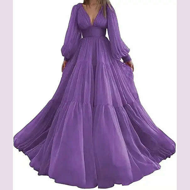 Bridalaffair Pleat Tulle Princess Prom Gown V-Neck Long Puff Sleeve Plus Size Evening Gown Elegant Dress Women for Wedding Party - KIMLUD