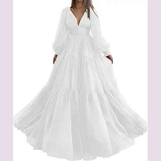 Bridalaffair Pleat Tulle Princess Prom Gown V-Neck Long Puff Sleeve Plus Size Evening Gown Elegant Dress Women for Wedding Party - KIMLUD