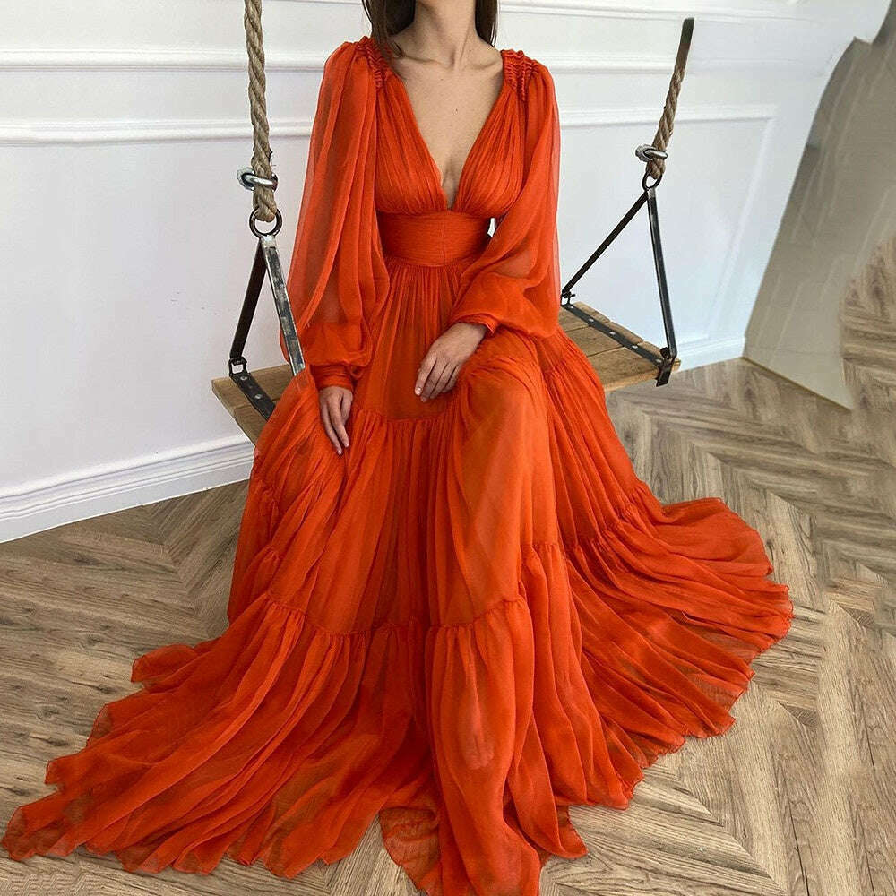Bridalaffair Pleat Tulle Princess Prom Gown V-Neck Long Puff Sleeve Plus Size Evening Gown Elegant Dress Women for Wedding Party - KIMLUD