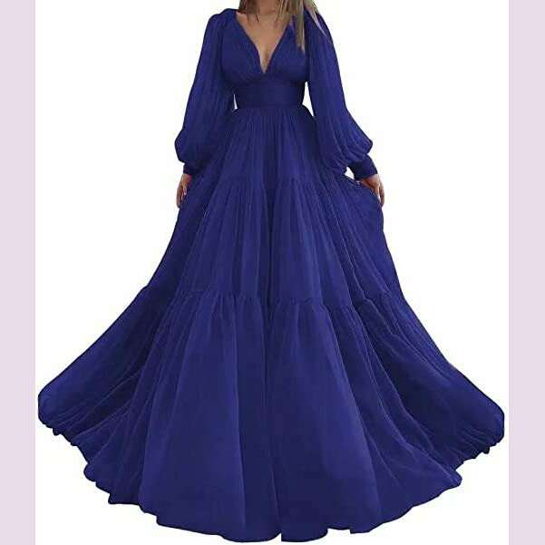 Bridalaffair Pleat Tulle Princess Prom Gown V-Neck Long Puff Sleeve Plus Size Evening Gown Elegant Dress Women for Wedding Party - KIMLUD