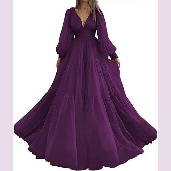 Bridalaffair Pleat Tulle Princess Prom Gown V-Neck Long Puff Sleeve Plus Size Evening Gown Elegant Dress Women for Wedding Party - KIMLUD