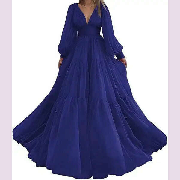 Bridalaffair Pleat Tulle Princess Prom Gown V-Neck Long Puff Sleeve Plus Size Evening Gown Elegant Dress Women for Wedding Party - KIMLUD