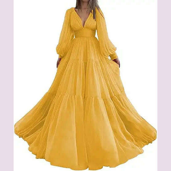 Bridalaffair Pleat Tulle Princess Prom Gown V-Neck Long Puff Sleeve Plus Size Evening Gown Elegant Dress Women for Wedding Party - KIMLUD