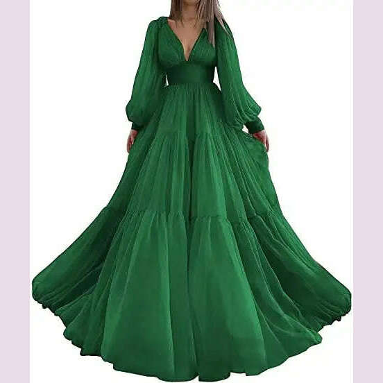 Bridalaffair Pleat Tulle Princess Prom Gown V-Neck Long Puff Sleeve Plus Size Evening Gown Elegant Dress Women for Wedding Party - KIMLUD