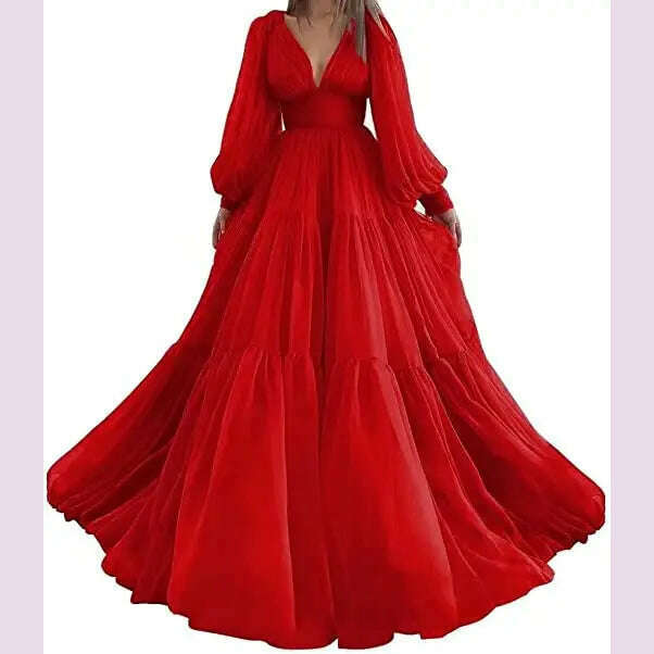 Bridalaffair Pleat Tulle Princess Prom Gown V-Neck Long Puff Sleeve Plus Size Evening Gown Elegant Dress Women for Wedding Party - KIMLUD