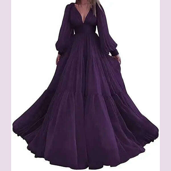 Bridalaffair Pleat Tulle Princess Prom Gown V-Neck Long Puff Sleeve Plus Size Evening Gown Elegant Dress Women for Wedding Party - KIMLUD