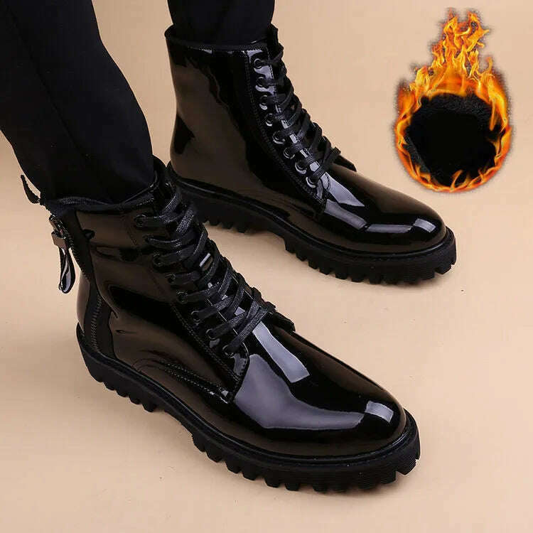 KIMLUD, British style men luxury fashion bright patent leather boots black platform shoes designer ankle boot cowboy botas zapato hombre, black with cotton / 6.5 / CHINA, KIMLUD Womens Clothes