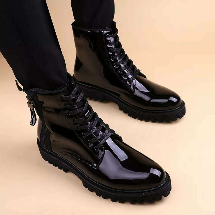 KIMLUD, British style men luxury fashion bright patent leather boots black platform shoes designer ankle boot cowboy botas zapato hombre, KIMLUD Womens Clothes