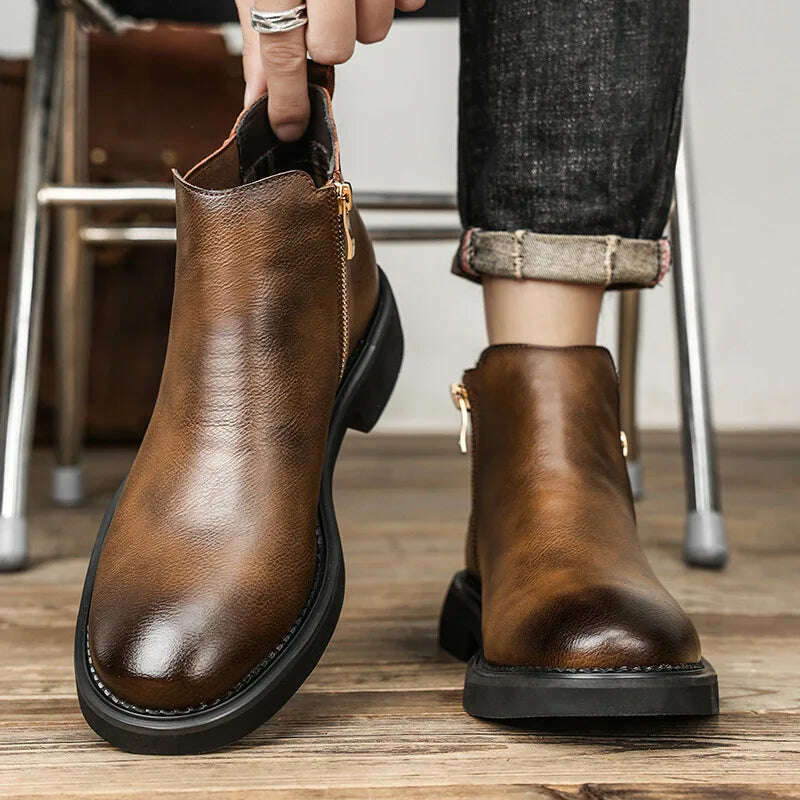 British Style Men's Chelsea Boots New Fashion Male Chelsea Boots Genuine Leather Elastic Strap Ankle Boots Business Dress Shoes - KIMLUD