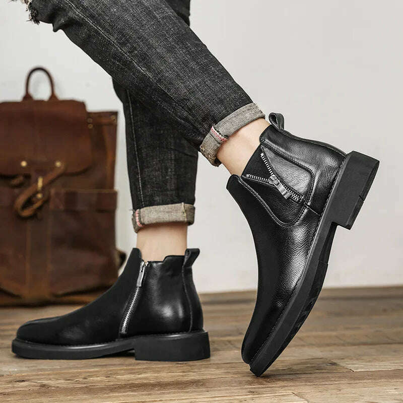 KIMLUD, British Style Men's Chelsea Boots New Fashion Male Chelsea Boots Genuine Leather Elastic Strap Ankle Boots Business Dress Shoes, KIMLUD Womens Clothes