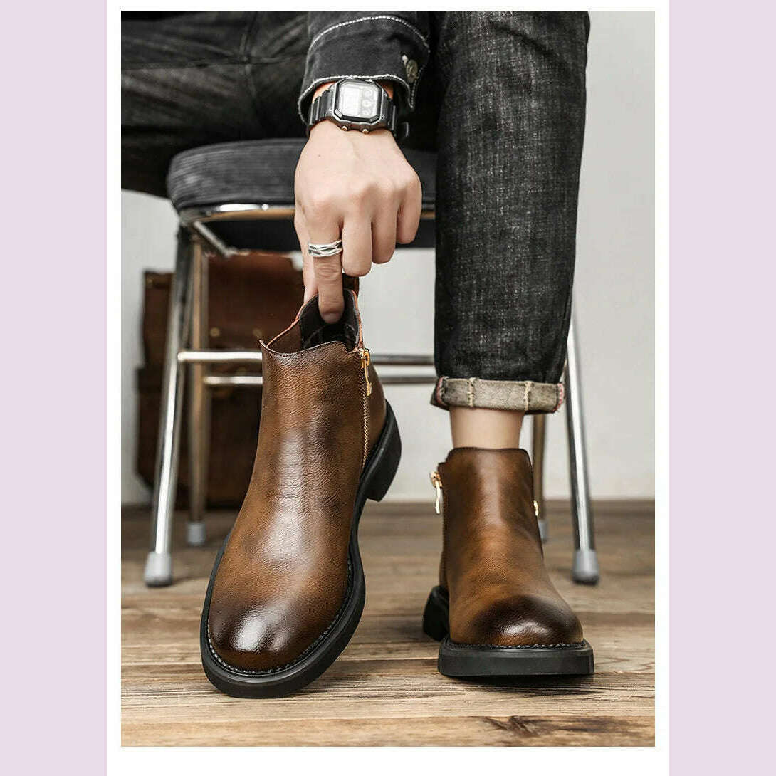 KIMLUD, British Style Men's Chelsea Boots New Fashion Male Chelsea Boots Genuine Leather Elastic Strap Ankle Boots Business Dress Shoes, KIMLUD Womens Clothes