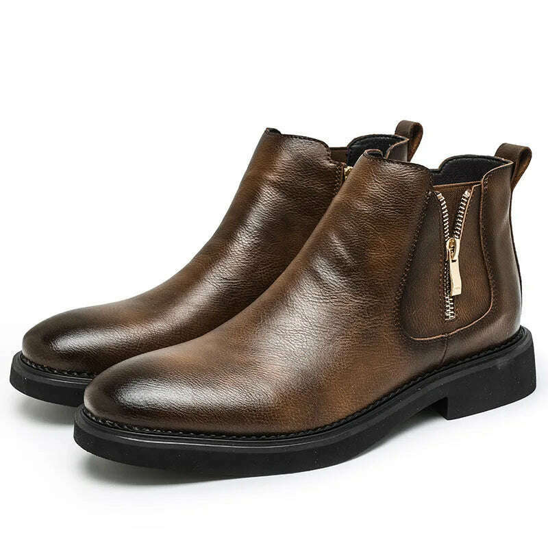 British Style Men's Chelsea Boots New Fashion Male Chelsea Boots Genuine Leather Elastic Strap Ankle Boots Business Dress Shoes - KIMLUD