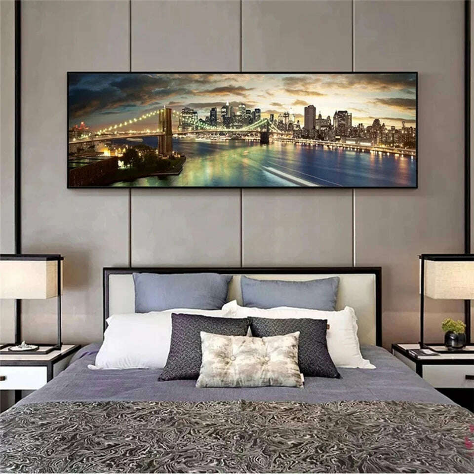 KIMLUD, Brooklyn Bridge Night View Diamond Painting New York City Landscape 5D Full Diamond Embroidery Pictures for Bed Room Decor Gift, KIMLUD Womens Clothes