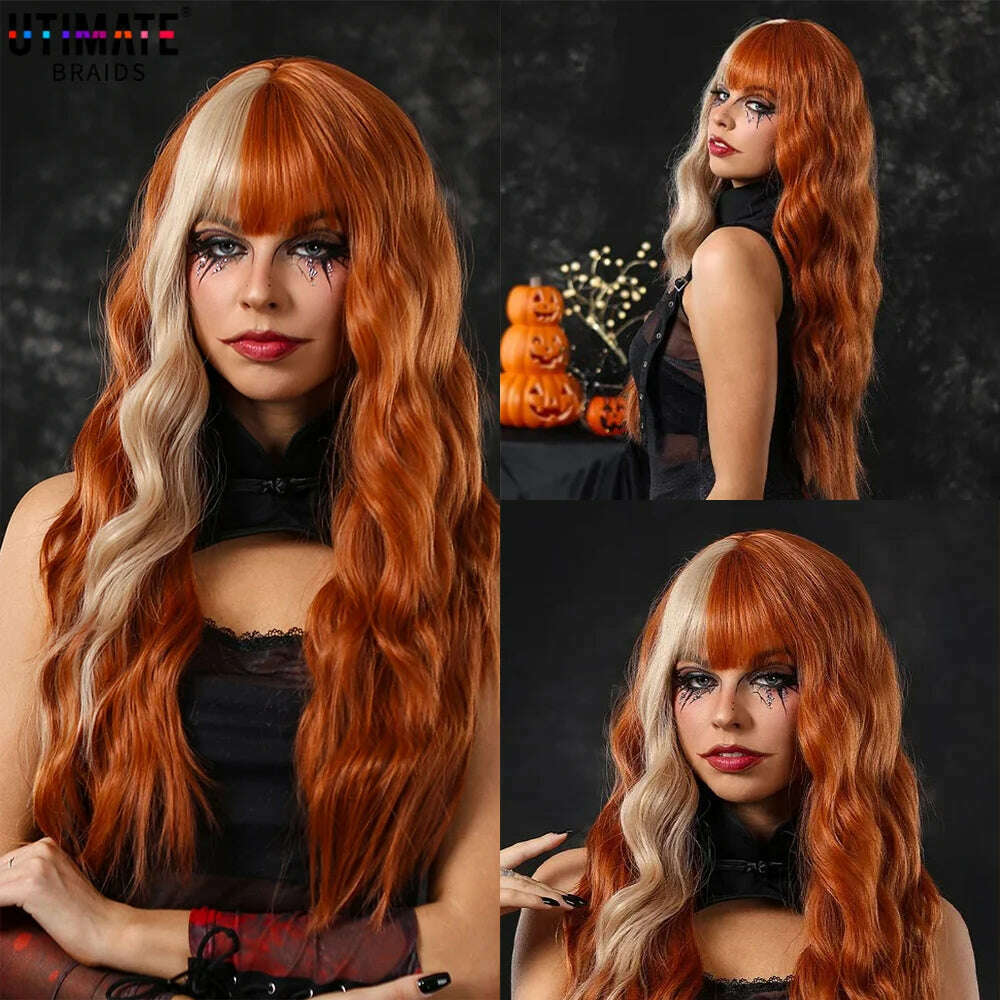 Brown Mix Gold Synthetic Hair Long Wavy Wigs Heat Resistant Fiber Natural Hairline Middle Part For Woman Daily Use - KIMLUD