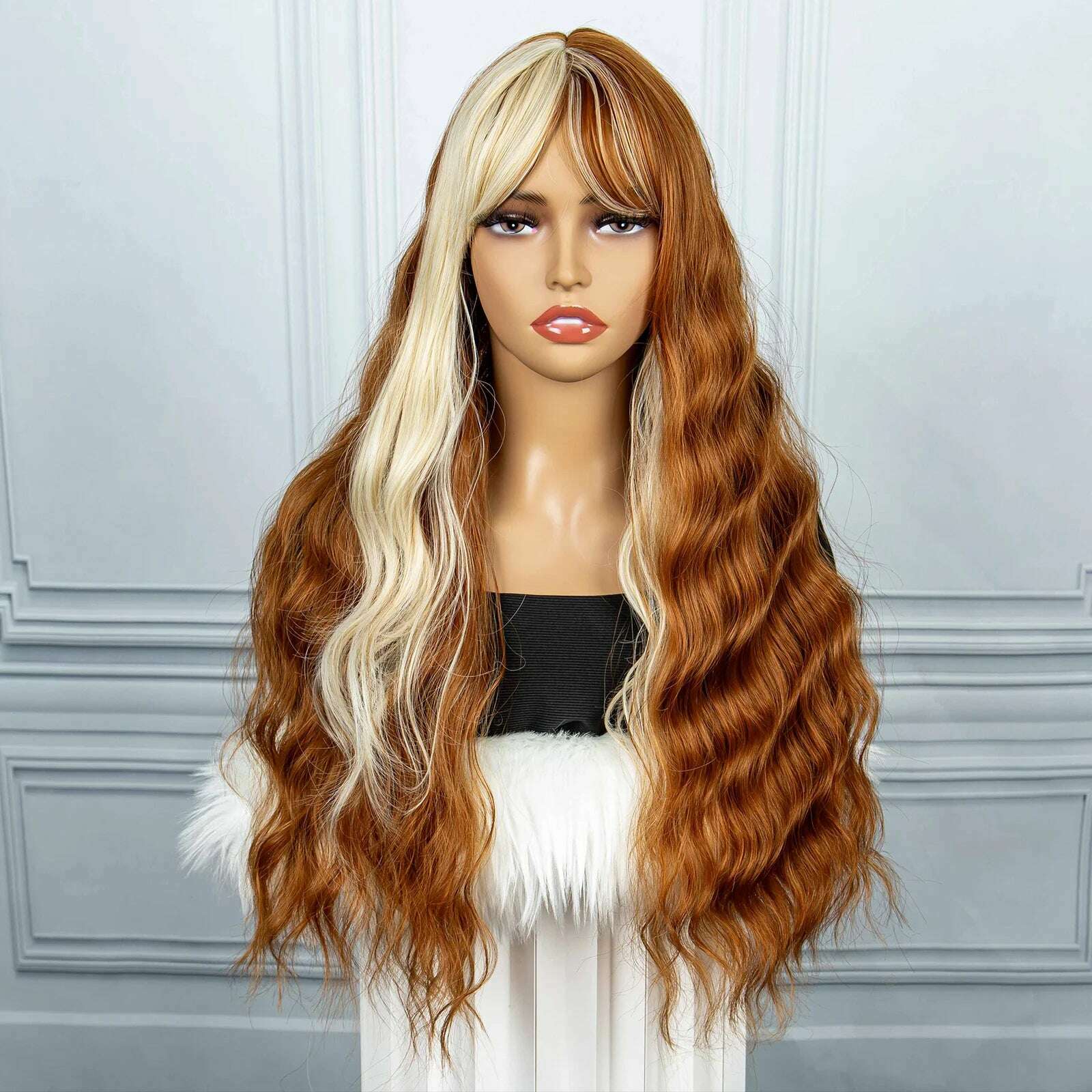 Brown Mix Gold Synthetic Hair Long Wavy Wigs Heat Resistant Fiber Natural Hairline Middle Part For Woman Daily Use - KIMLUD