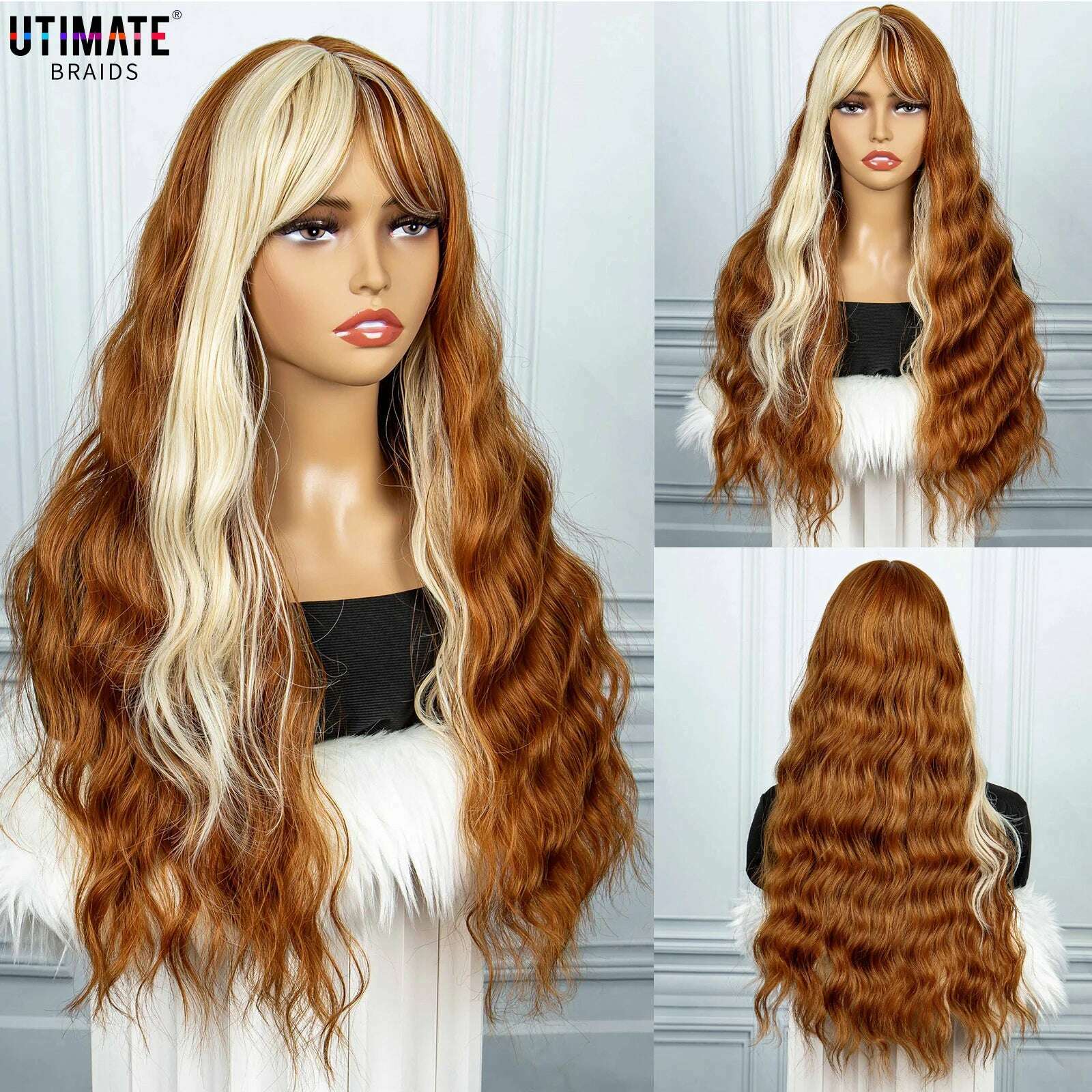 Brown Mix Gold Synthetic Hair Long Wavy Wigs Heat Resistant Fiber Natural Hairline Middle Part For Woman Daily Use - KIMLUD