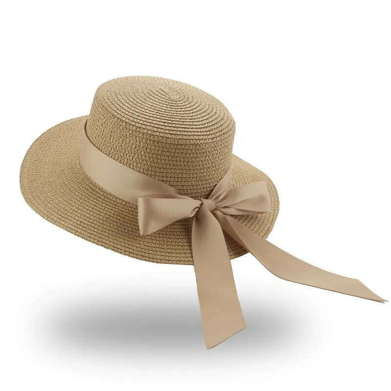 Bucket Hat Beach Summer Straw Hats for Women Flat Top Ribbon Bowknot Elegant Luxury Straw Women Summer Hats Sombreros De Mujer - KIMLUD