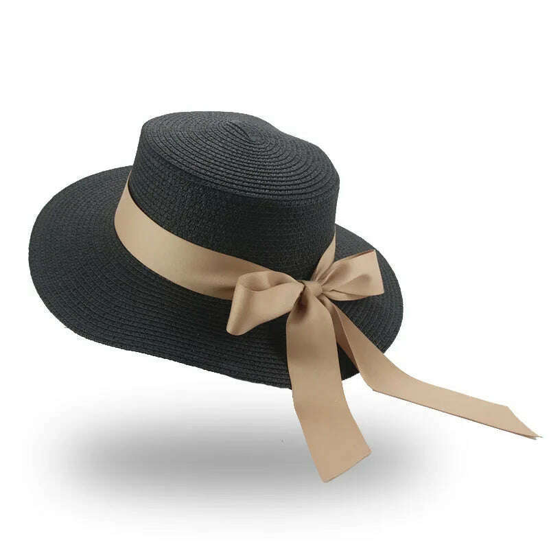 Bucket Hat Beach Summer Straw Hats for Women Flat Top Ribbon Bowknot Elegant Luxury Straw Women Summer Hats Sombreros De Mujer - KIMLUD