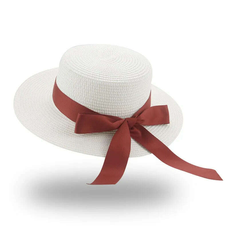 Bucket Hat Beach Summer Straw Hats for Women Flat Top Ribbon Bowknot Elegant Luxury Straw Women Summer Hats Sombreros De Mujer - KIMLUD