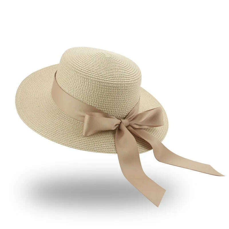 Bucket Hat Beach Summer Straw Hats for Women Flat Top Ribbon Bowknot Elegant Luxury Straw Women Summer Hats Sombreros De Mujer - KIMLUD