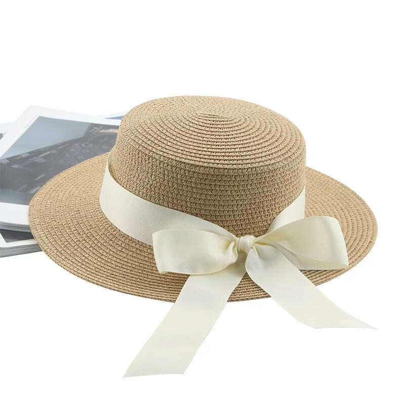 Bucket Hat Beach Summer Straw Hats for Women Flat Top Ribbon Bowknot Elegant Luxury Straw Women Summer Hats Sombreros De Mujer - KIMLUD