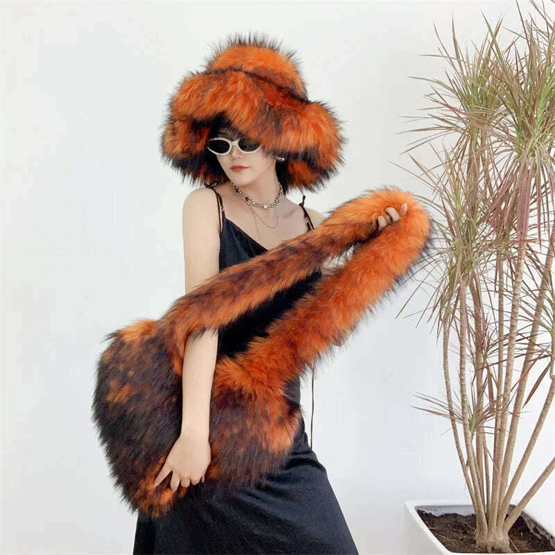 Bucket Orange Hat Love Bag Winter Warmth Thickened Imitation Raccoon Fur Fisherman Hat Women's Bucket Hat Fur Hat sets - KIMLUD