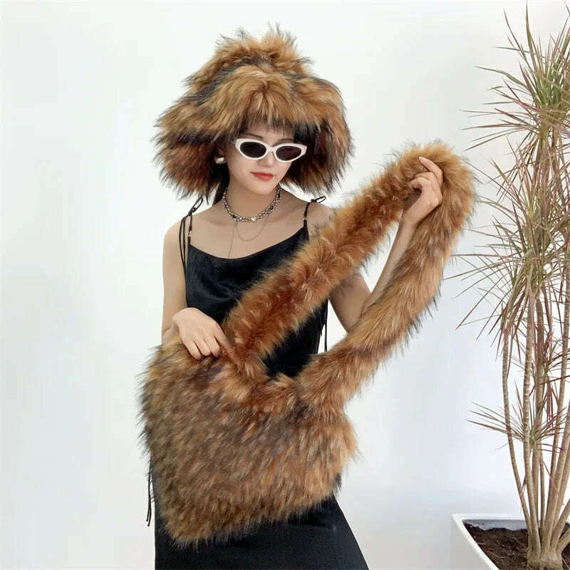 Bucket Orange Hat Love Bag Winter Warmth Thickened Imitation Raccoon Fur Fisherman Hat Women's Bucket Hat Fur Hat sets - KIMLUD