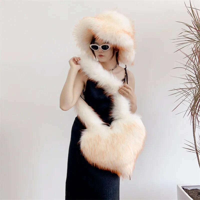 Bucket Orange Hat Love Bag Winter Warmth Thickened Imitation Raccoon Fur Fisherman Hat Women's Bucket Hat Fur Hat sets - KIMLUD