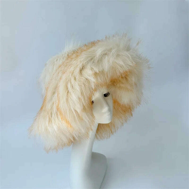 Bucket Orange Hat Love Bag Winter Warmth Thickened Imitation Raccoon Fur Fisherman Hat Women's Bucket Hat Fur Hat sets - KIMLUD