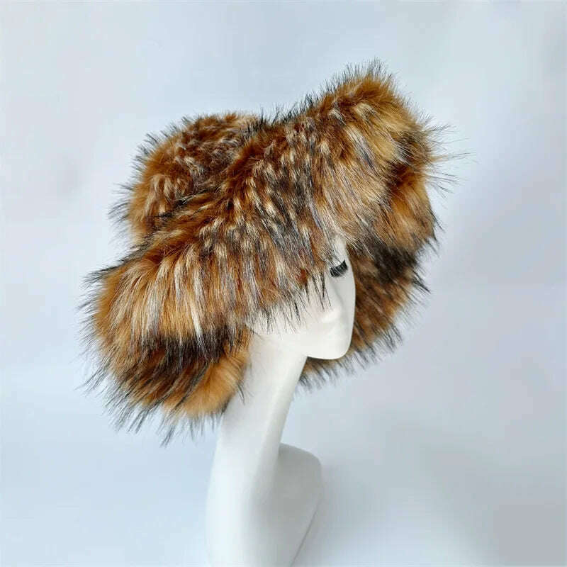 Bucket Orange Hat Love Bag Winter Warmth Thickened Imitation Raccoon Fur Fisherman Hat Women's Bucket Hat Fur Hat sets - KIMLUD