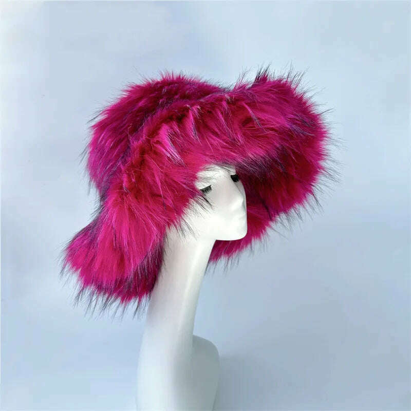 Bucket Orange Hat Love Bag Winter Warmth Thickened Imitation Raccoon Fur Fisherman Hat Women's Bucket Hat Fur Hat sets - KIMLUD