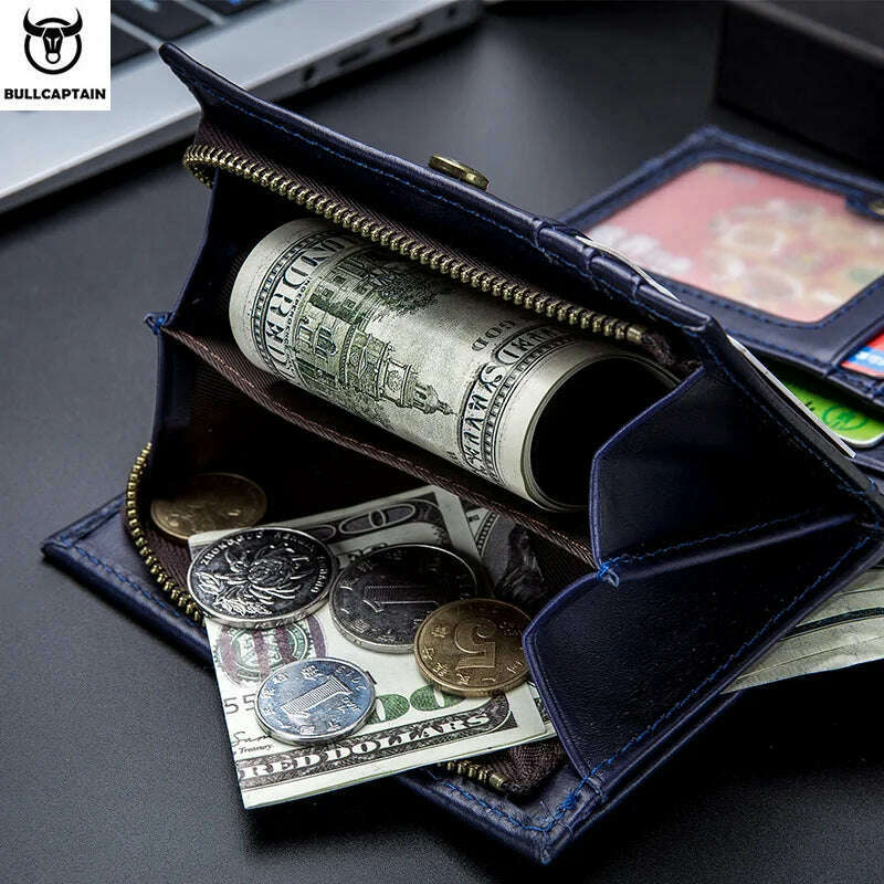 BULLCAPTAIN RFID Men's Wallet Leather Men's Coin Purse Zipper Wallet Card Coin Wallet Holder Credit Card Bag - KIMLUD