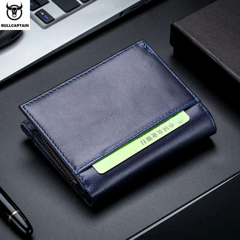 BULLCAPTAIN RFID Men's Wallet Leather Men's Coin Purse Zipper Wallet Card Coin Wallet Holder Credit Card Bag - KIMLUD