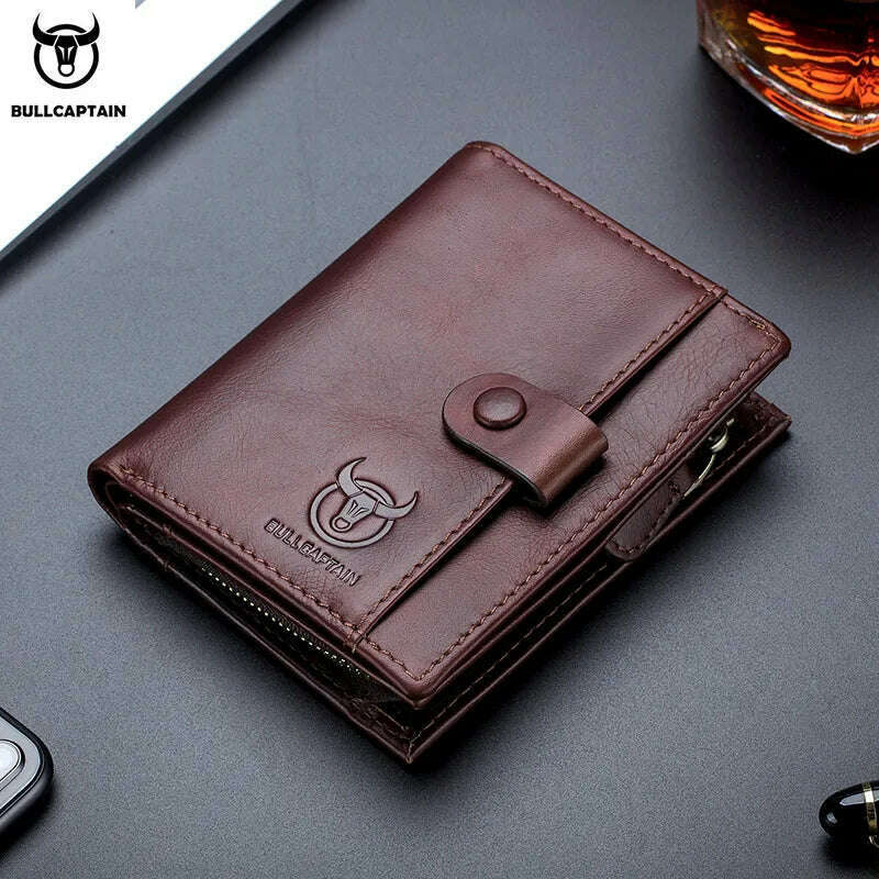 BULLCAPTAIN RFID Men's Wallet Leather Men's Coin Purse Zipper Wallet Card Coin Wallet Holder Credit Card Bag - KIMLUD