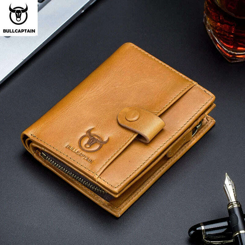 BULLCAPTAIN RFID Men's Wallet Leather Men's Coin Purse Zipper Wallet Card Coin Wallet Holder Credit Card Bag - KIMLUD