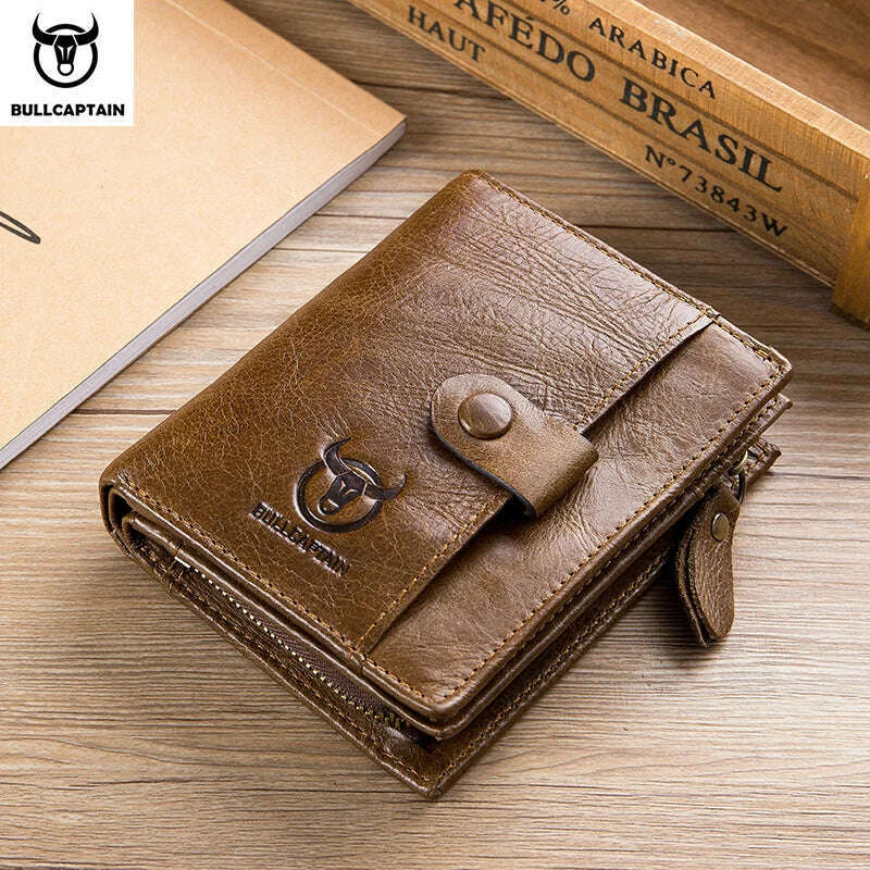 BULLCAPTAIN RFID Men's Wallet Leather Men's Coin Purse Zipper Wallet Card Coin Wallet Holder Credit Card Bag - KIMLUD