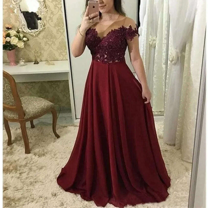 KIMLUD, Burgundy Prom Dresses 2024 Long Illusion Neckline Short Sleeve Lace Appliques Evening Gowns Long Chiffon Special Occasion Dress, KIMLUD Womens Clothes