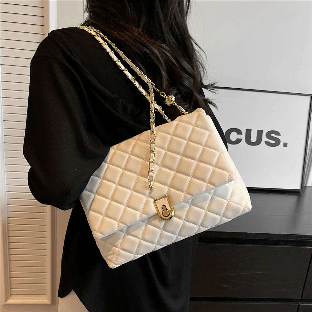 KIMLUD, Burminsa Quilted Large Chain Shoulder Bags For Women 2023 Luxury Designer Crossbody Bags PU Leather Ladies Handbags Black White, KIMLUD Womens Clothes