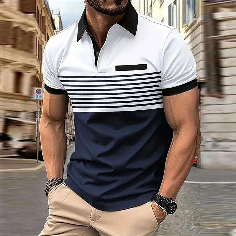 Business Men's Polo T Shirt Summer Short Sleeve Clothing Fashion Stripe Print Street Casual Buttons Tops Oversized Pullover - KIMLUD