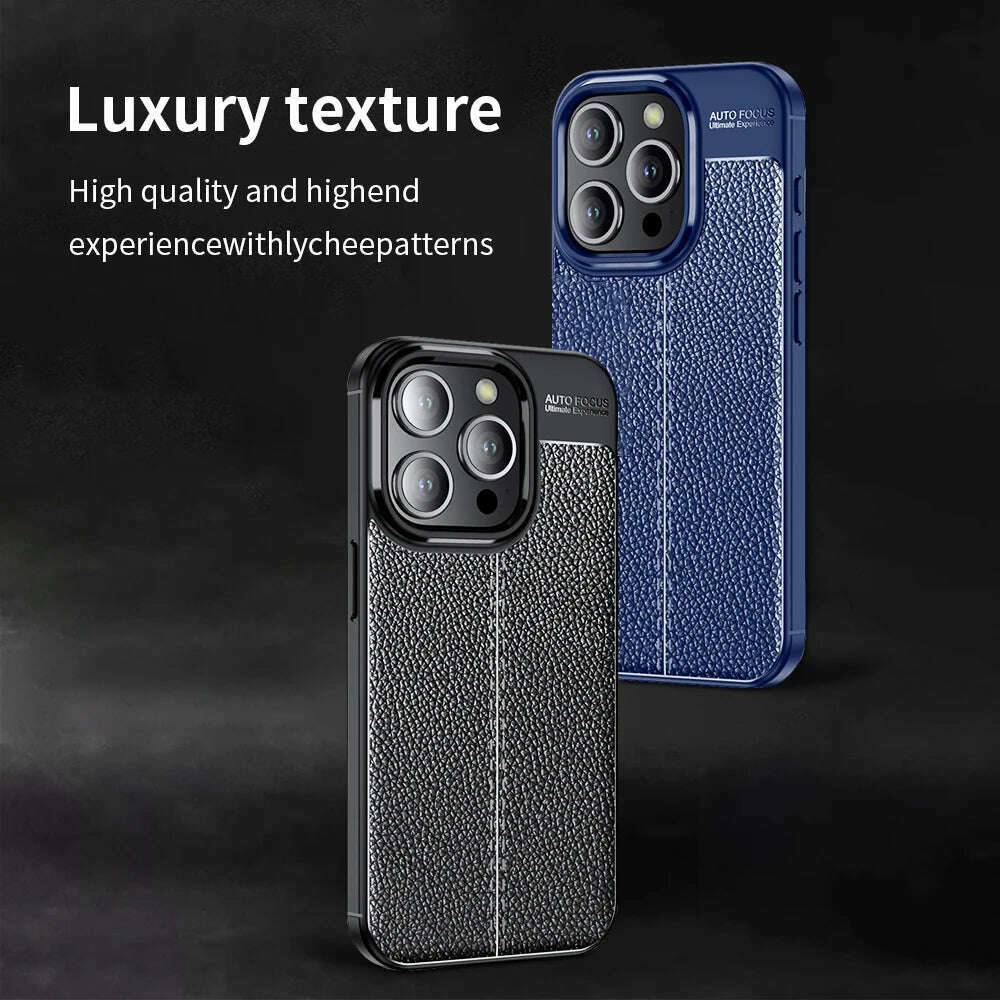 Business Style Litchi Pattern Silicone Shockproof Case For iPhone 15 14 13 12 11 Pro Xs Max XR 7 8 6 6s Plus SE 2020 Back Cover - KIMLUD