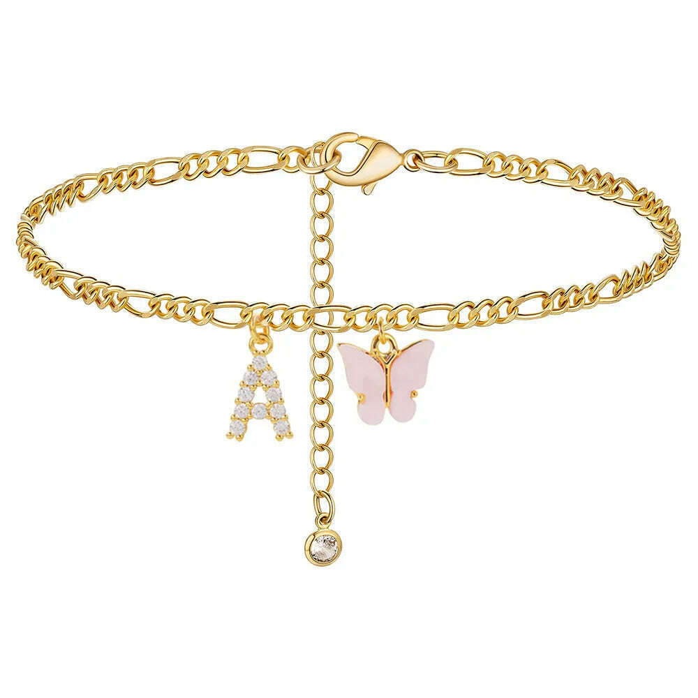 KIMLUD, Butterfly Cuban Link Anklet A-Z Letter Initial Anklets Bracelet for Women Stainless Steel Beach Leg Foot Chains Wholesale 2024, A, KIMLUD APPAREL - Womens Clothes