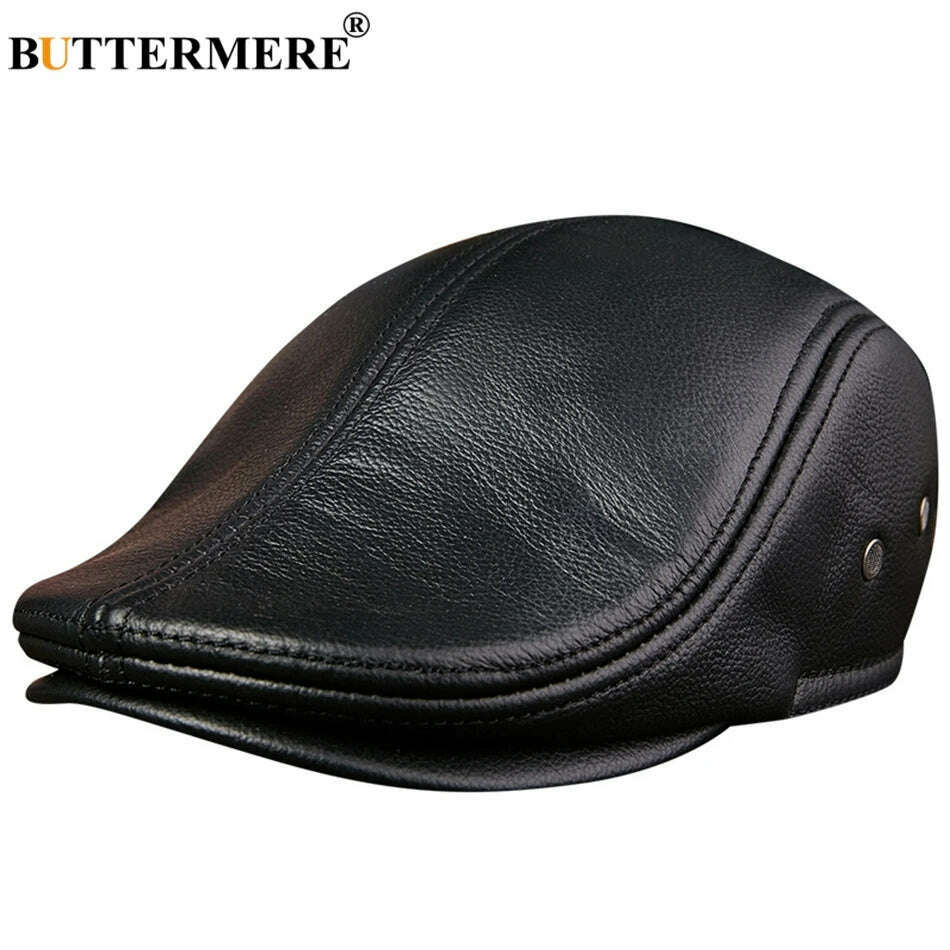 BUTTERMERE Flat Caps Men Real Leather Duckbill Hats Berets Earflaps Black Casual Directors Cap Male Vintage Winter Driving Caps - KIMLUD